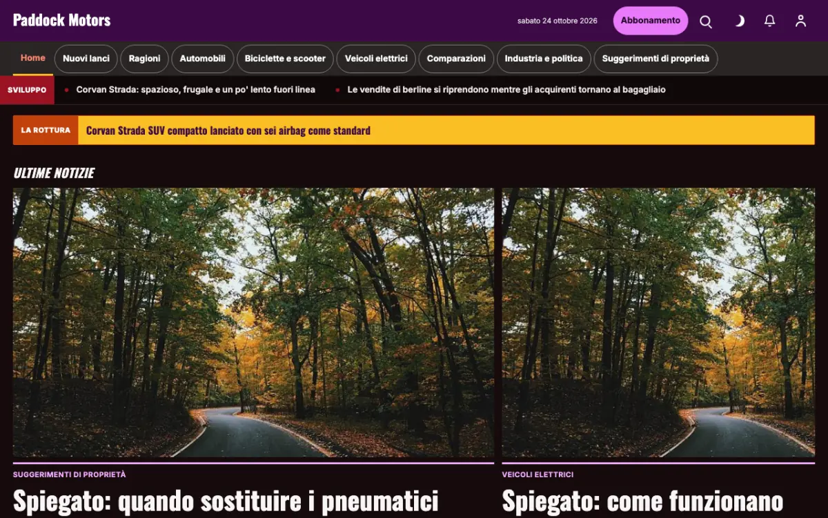 Paddock – template di sito per News Motori, vista desktop