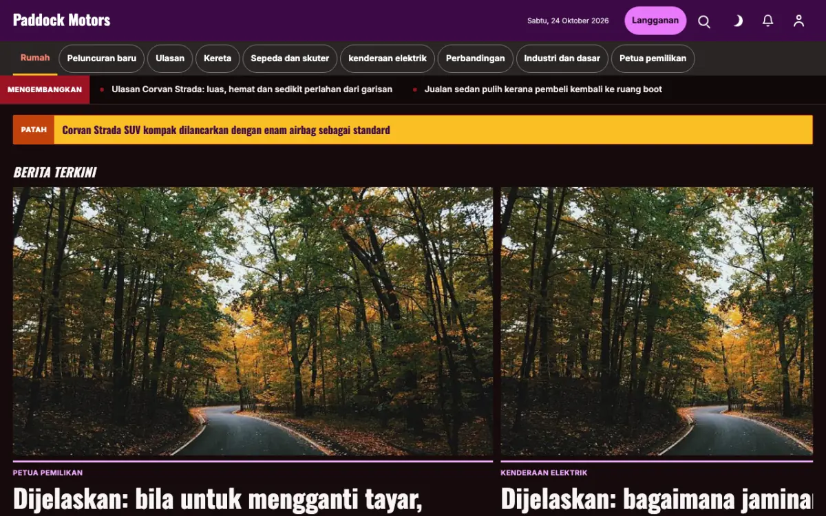 Paddock — templat laman web Berita Automotif, paparan desktop