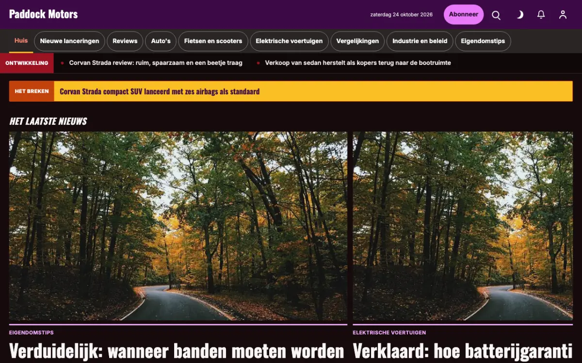 Paddock – websitetemplate voor Autonieuws, desktopweergave