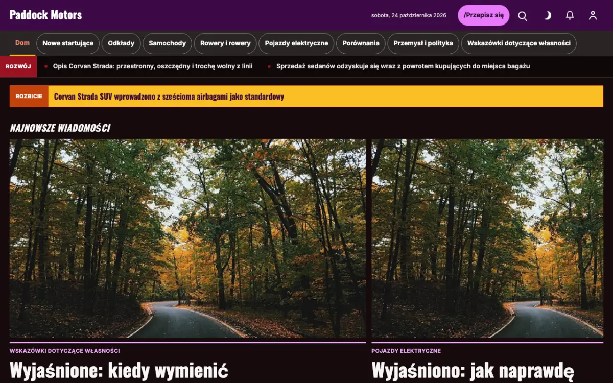 Paddock – szablon strony (Motoryzacja: wiadomości), widok na komputerze