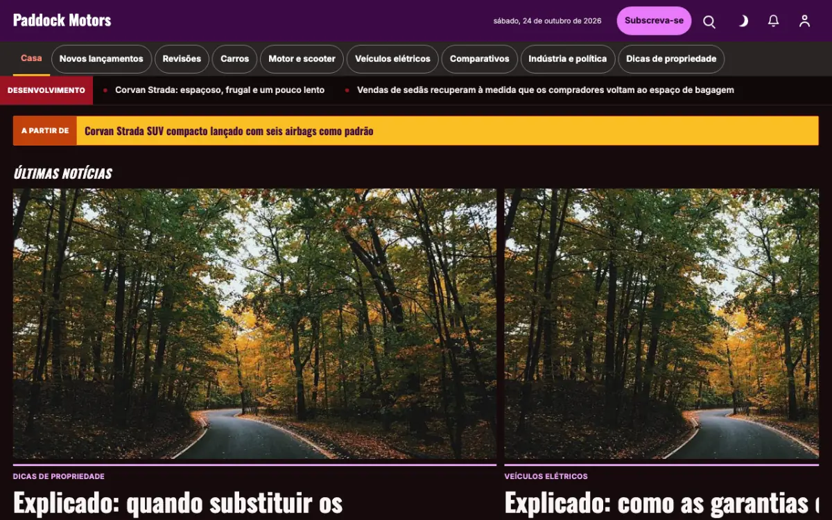 Paddock — modelo de site de Notícias de Automotivo, visualização em desktop