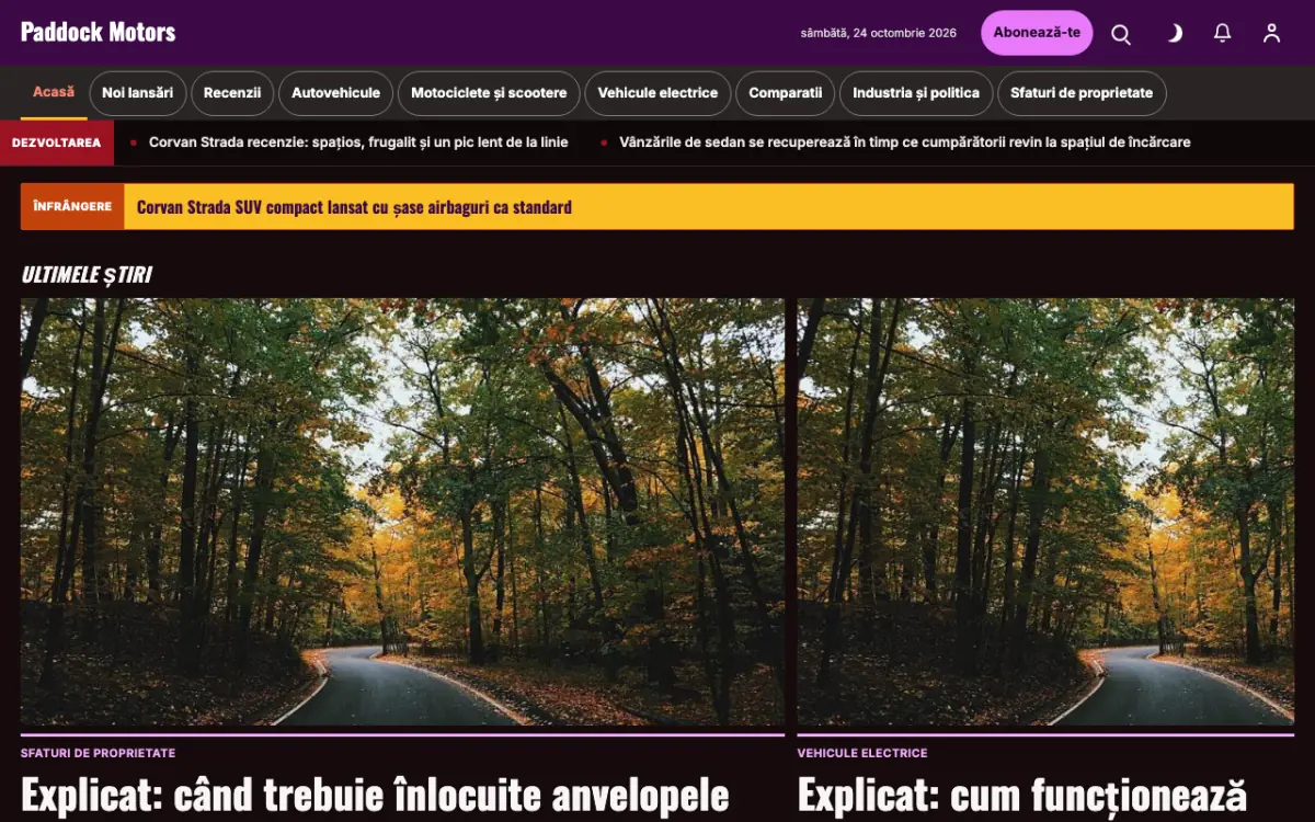 Paddock – șablon de site pentru Știri Auto, vedere pe desktop
