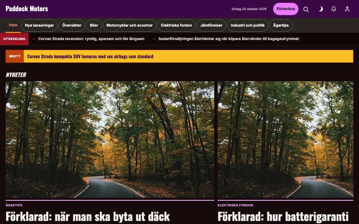 Paddock – webbplatsmall för Fordon News, skrivbordsvy