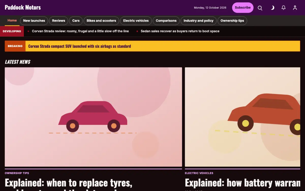 Paddock — Automotive News website template, desktop view