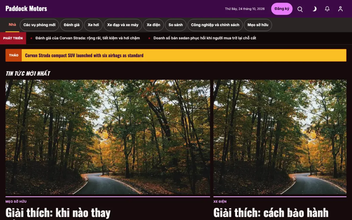Paddock — mẫu website Tin Ô tô, giao diện máy tính