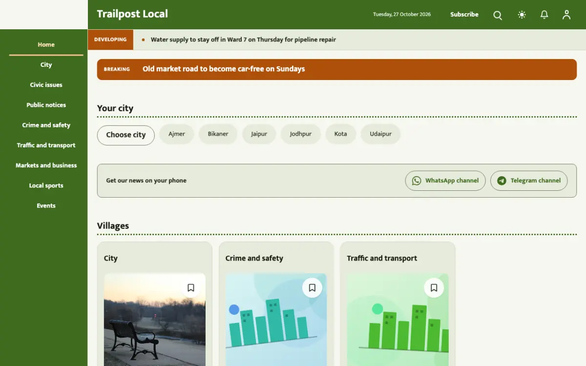 Trailpost — Local News website template, desktop view