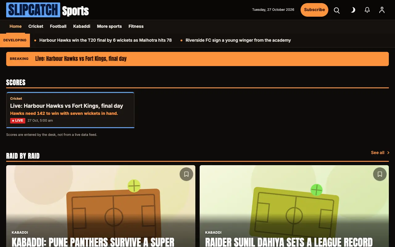 Slipcatch — Sports News website template, full desktop view