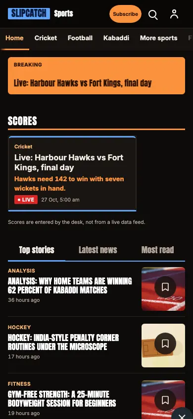 Slipcatch — Sports News app, phone view