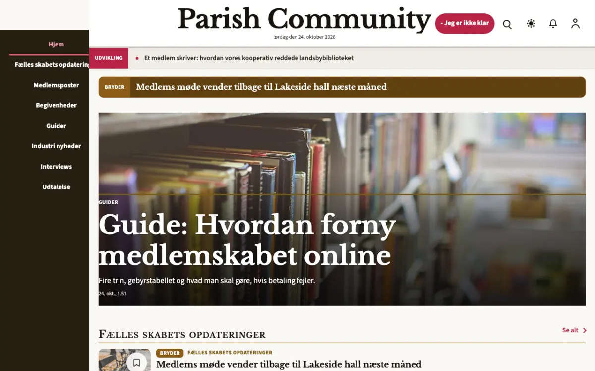 Parish – hjemmesideskabelon til Fællesskab News, skrivebordsvisning