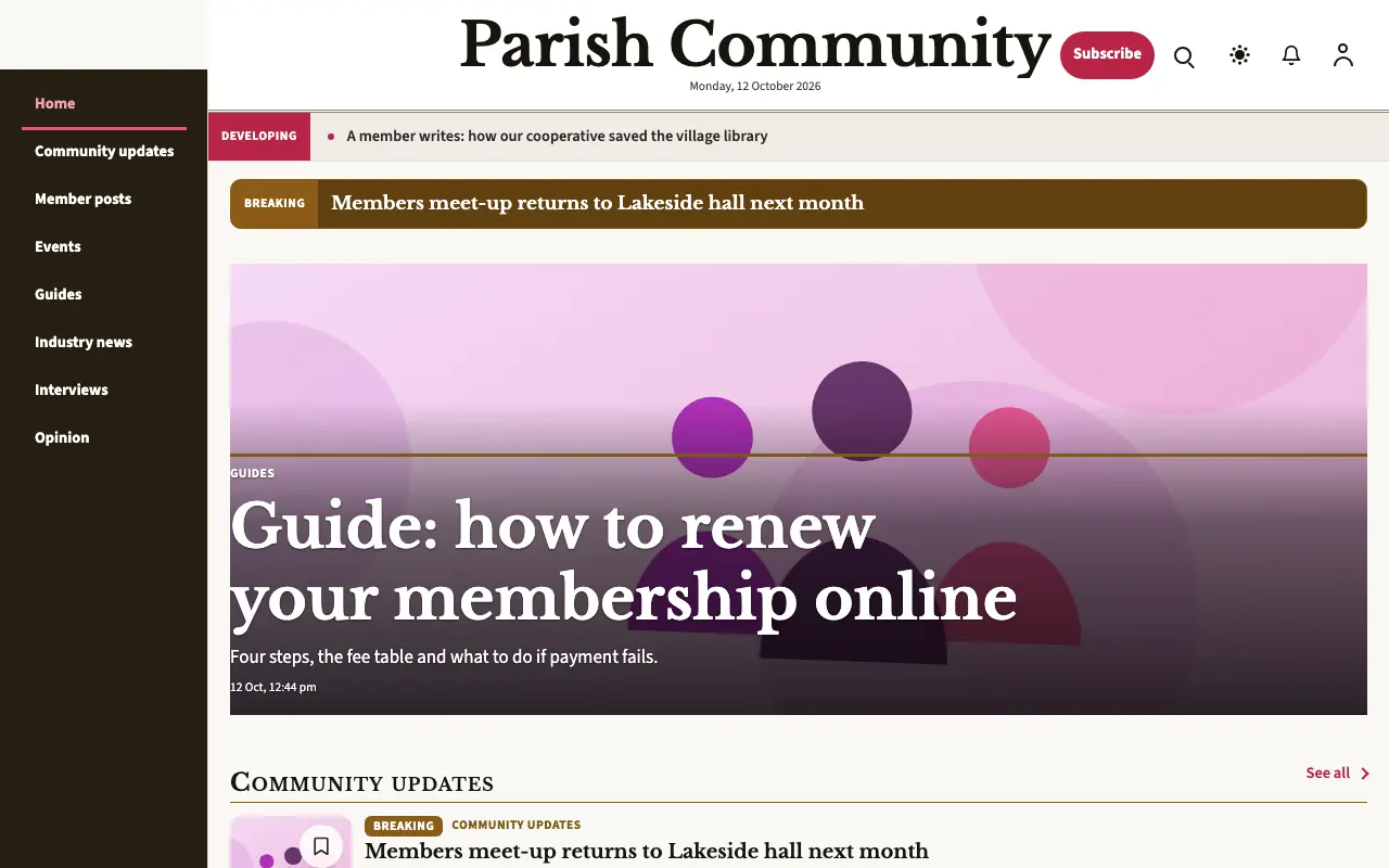 Parish — Community News website template, full desktop view