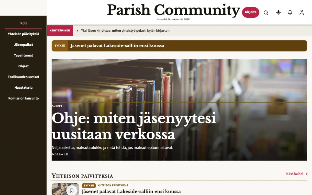Parish – verkkosivumalli (Yhteisö News), työpöytänäkymä
