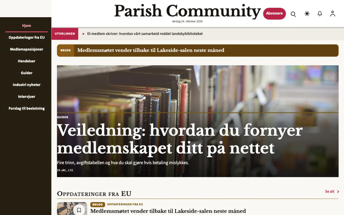 Parish – nettstedmal for Fellesskap News, skrivebordsvisning