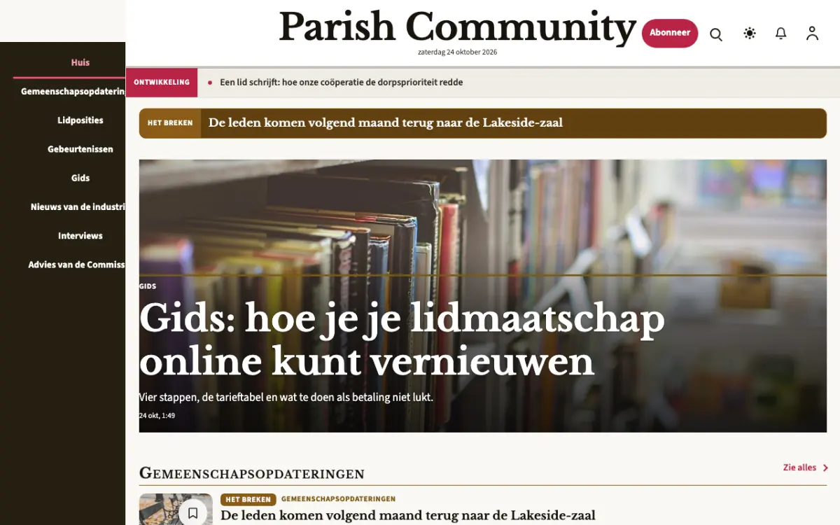 Parish – websitetemplate voor Communitynieuws, desktopweergave