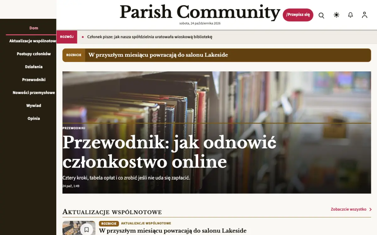 Parish – szablon strony (Społeczność: wiadomości), widok na komputerze