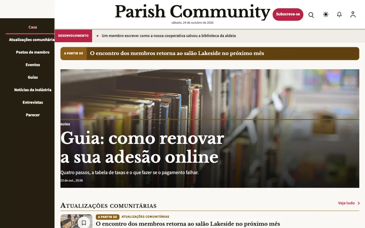 Parish — modelo de site de Notícias de Comunidade, visualização em desktop