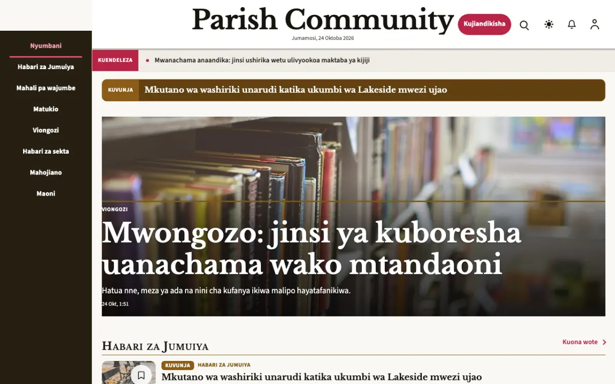 Parish – kiolezo cha tovuti ya Jamii News, mwonekano wa kompyuta