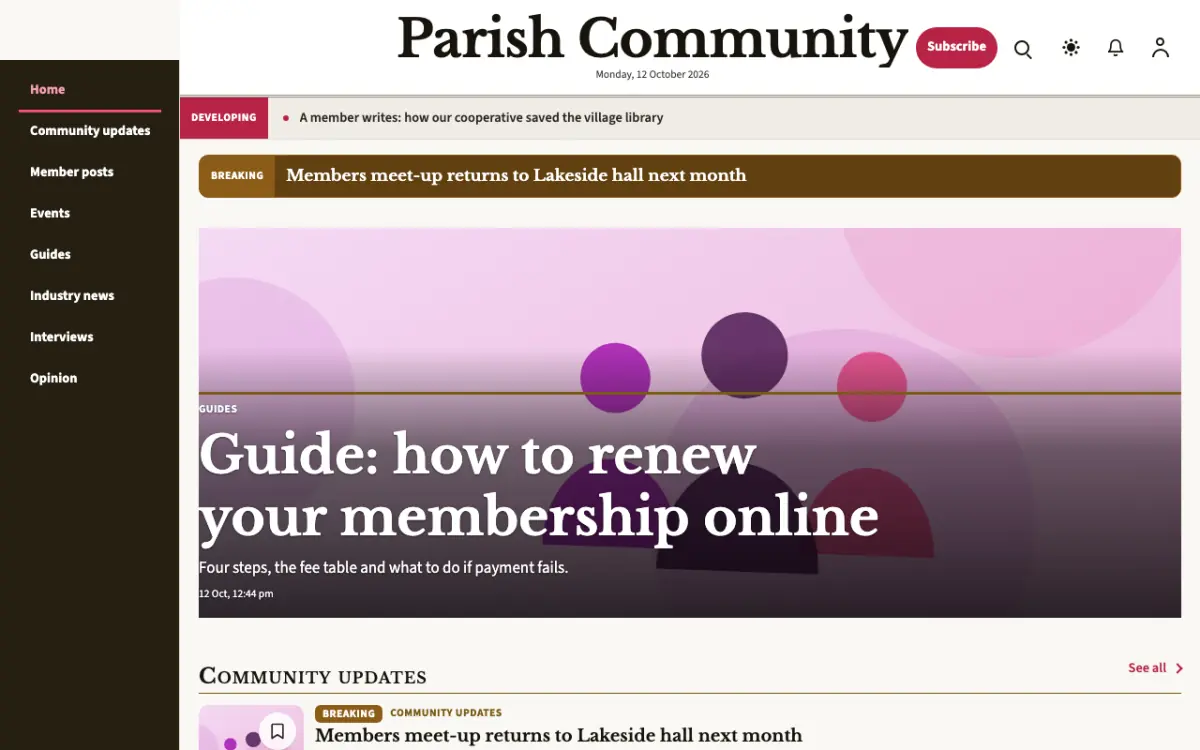 Parish — Community News website template, desktop view
