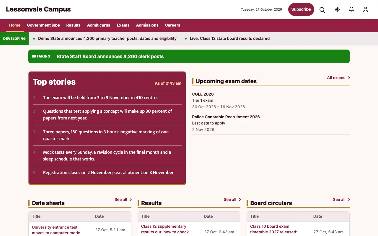 Lessonvale — Education News website template, full desktop view