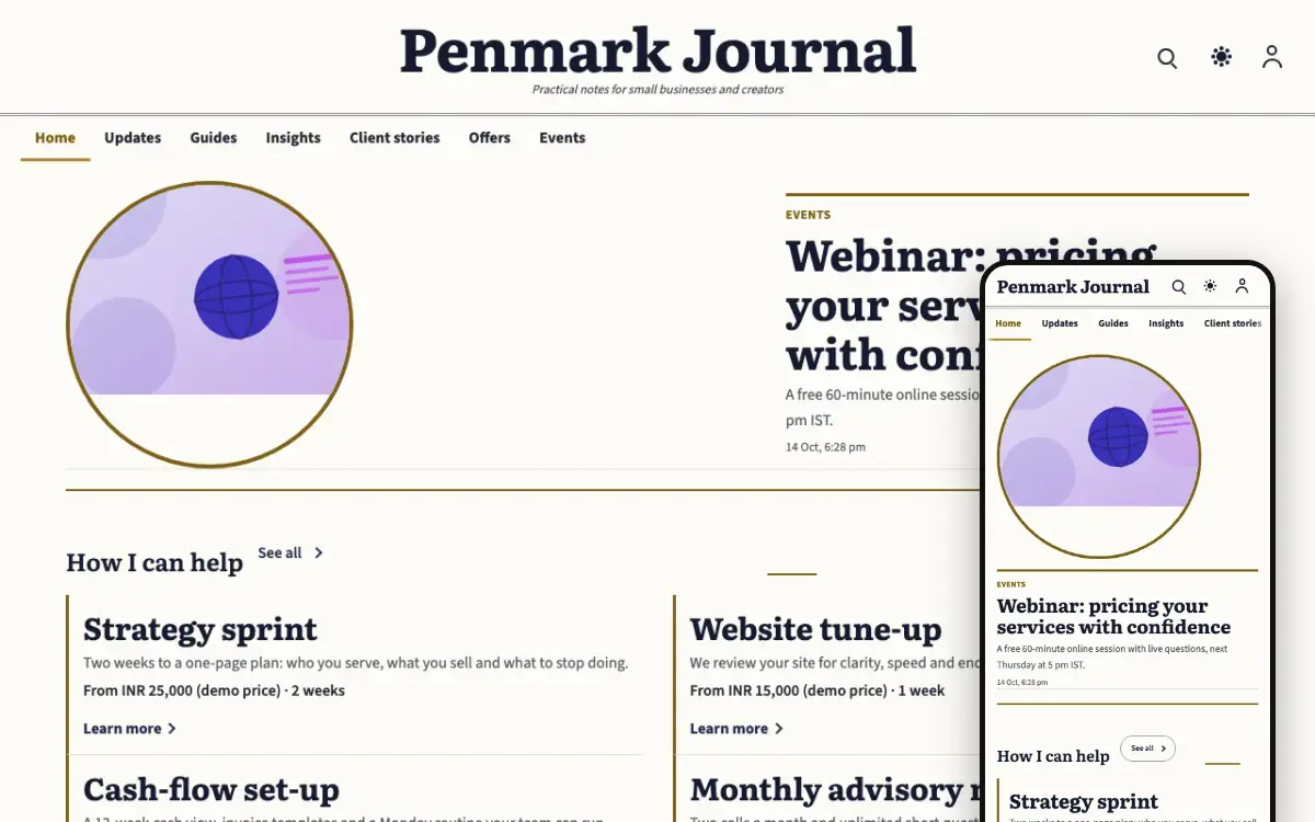 Penmark – hjemmesideskabelon til Blog, skrivebordsvisning