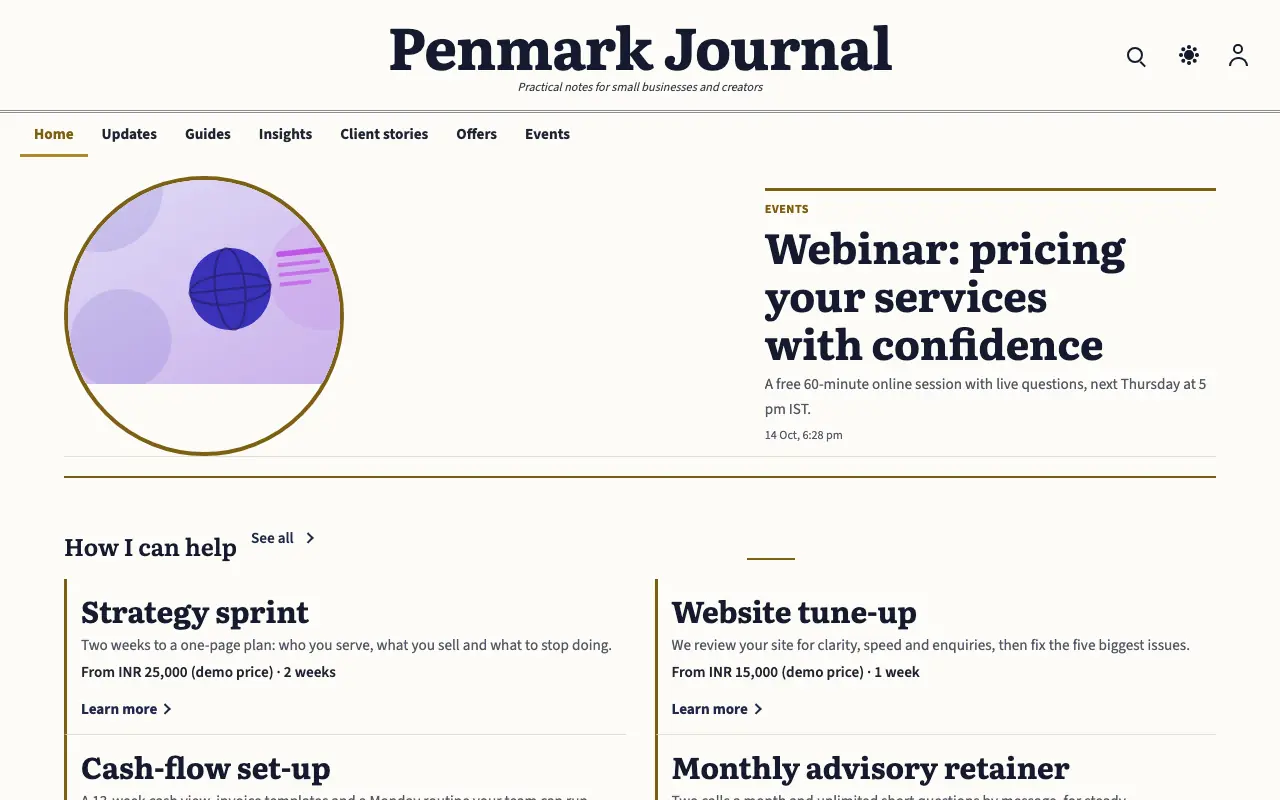 Penmark — Blog website template, full desktop view