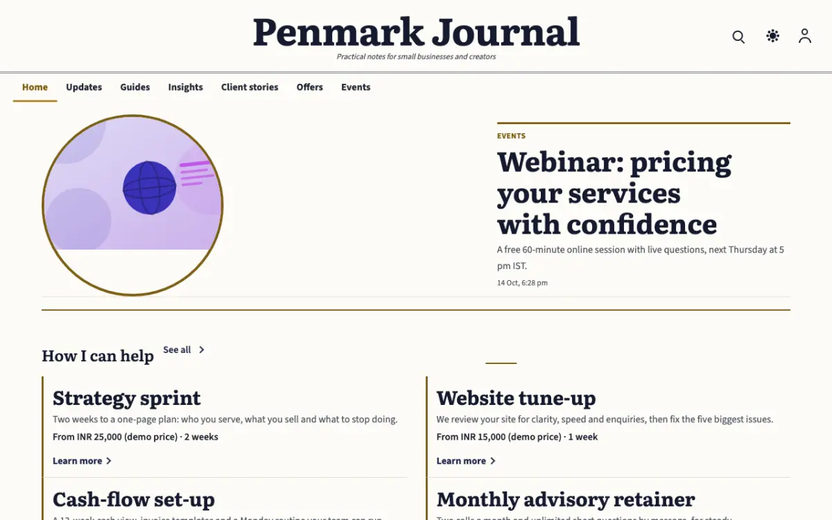 Penmark — Blog website template, desktop view