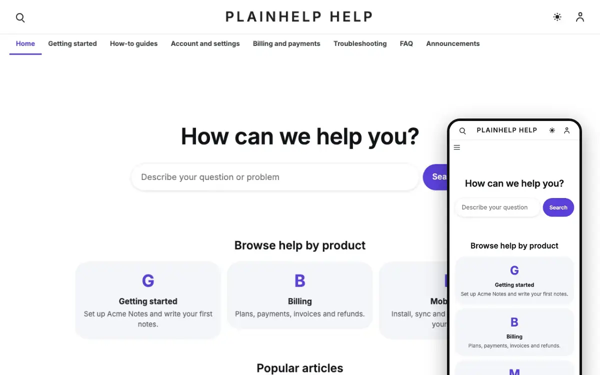 Plainhelp — Support Center 웹사이트 템플릿, 데스크톱 화면
