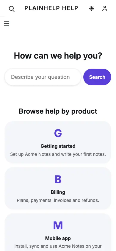 Plainhelp — Support Center app, phone view