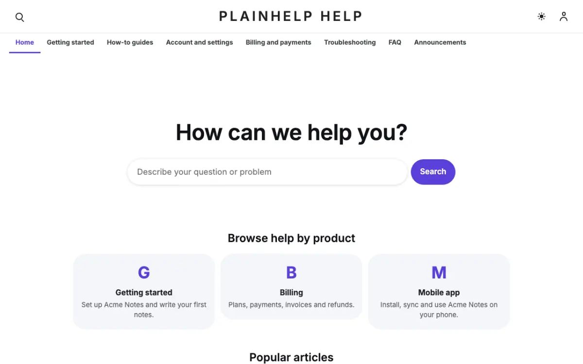 Plainhelp — Support Center website template, desktop view