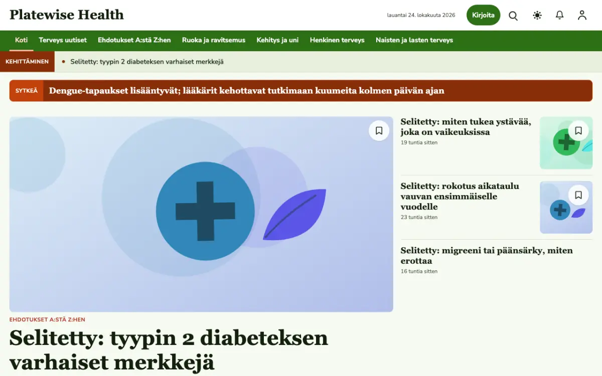 Platewise – verkkosivumalli (Terveys News), työpöytänäkymä