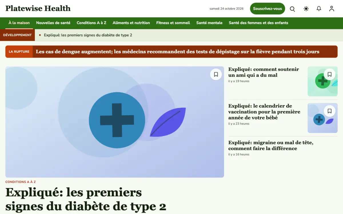 Platewise — modèle de site web Actualités Santé, vue sur ordinateur