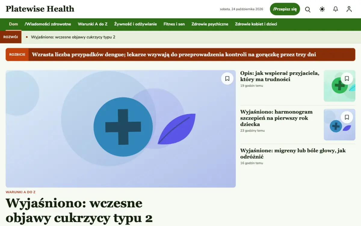 Platewise – szablon strony (Zdrowie: wiadomości), widok na komputerze
