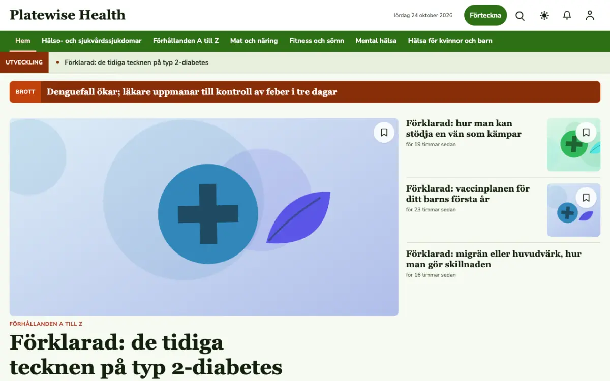Platewise – webbplatsmall för Hälsa News, skrivbordsvy