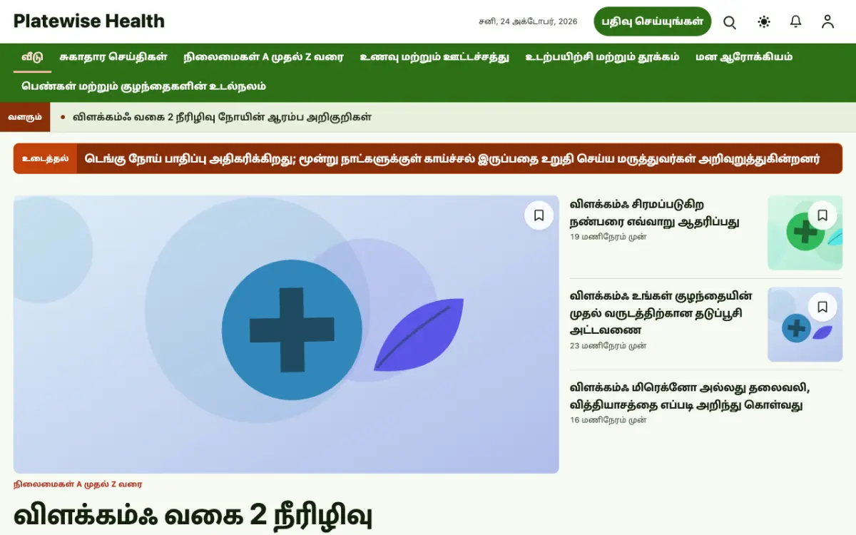Platewise — ஆரோக்கியம் செய்திகள் வலைத்தள டெம்ப்ளேட், டெஸ்க்டாப் காட்சி