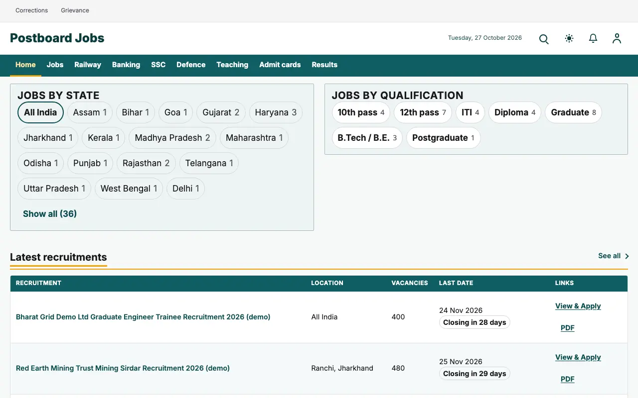 Postboard — Jobs website template, full desktop view
