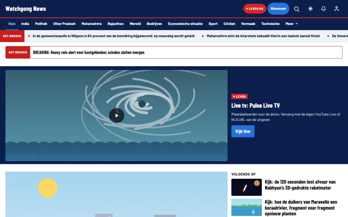 Watchgong – websitetemplate voor Algemeennieuws, desktopweergave