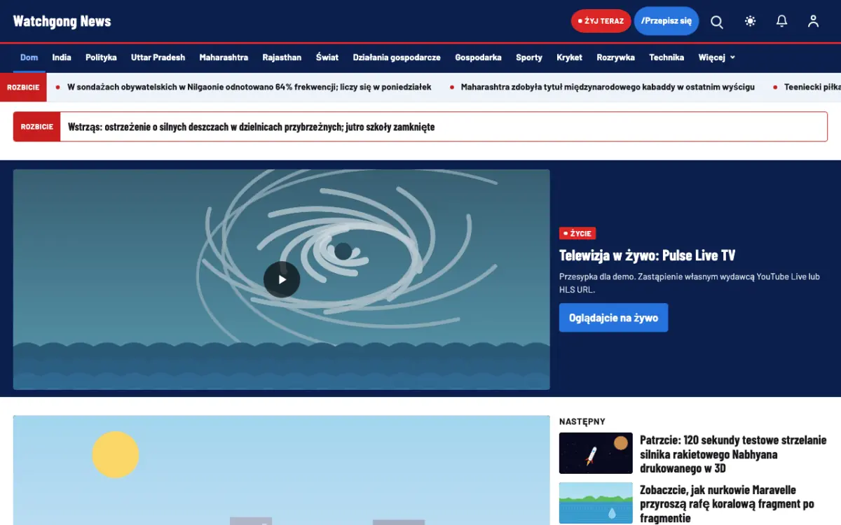 Watchgong – szablon strony (Ogólne: wiadomości), widok na komputerze