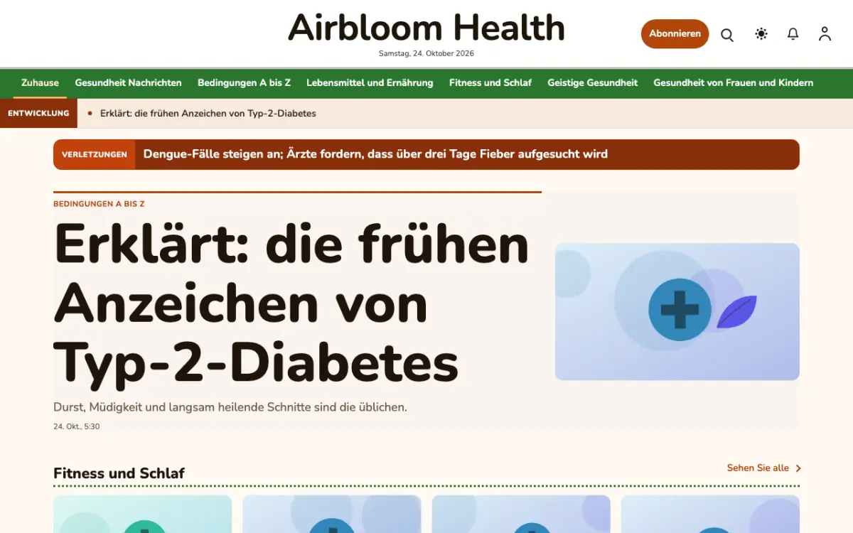 Airbloom – Website-Vorlage für Gesundheit-News, Desktop-Ansicht