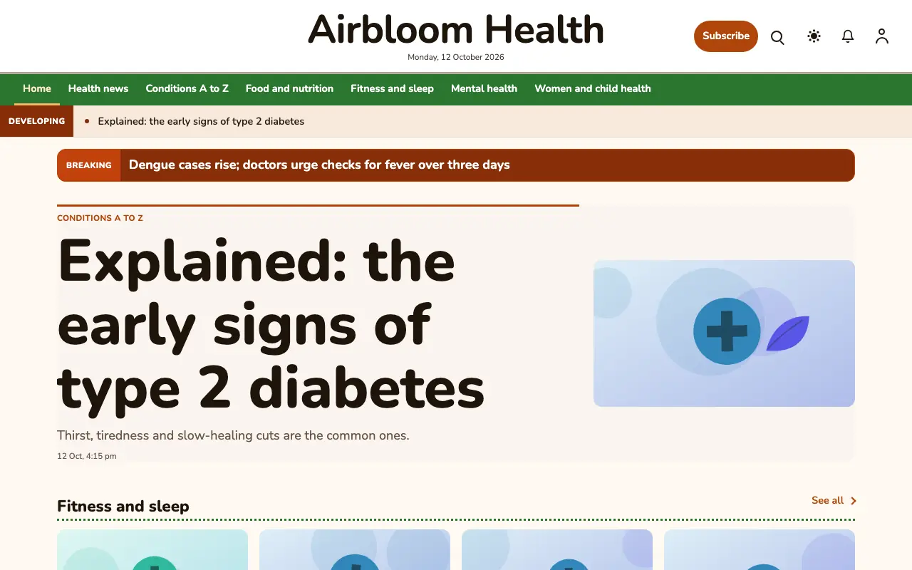 Airbloom — Health News website template, full desktop view