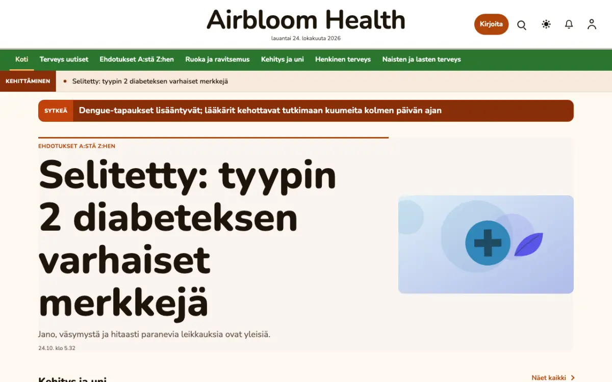 Airbloom – verkkosivumalli (Terveys News), työpöytänäkymä