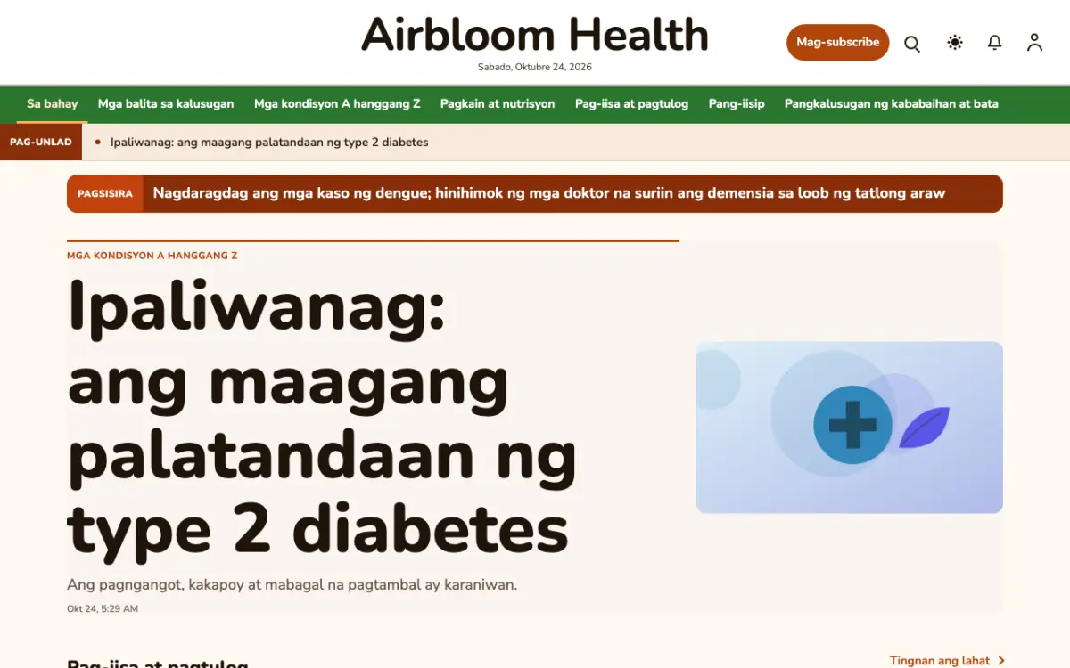 Airbloom — template ng website na Balitang Kalusugan, tanaw sa desktop