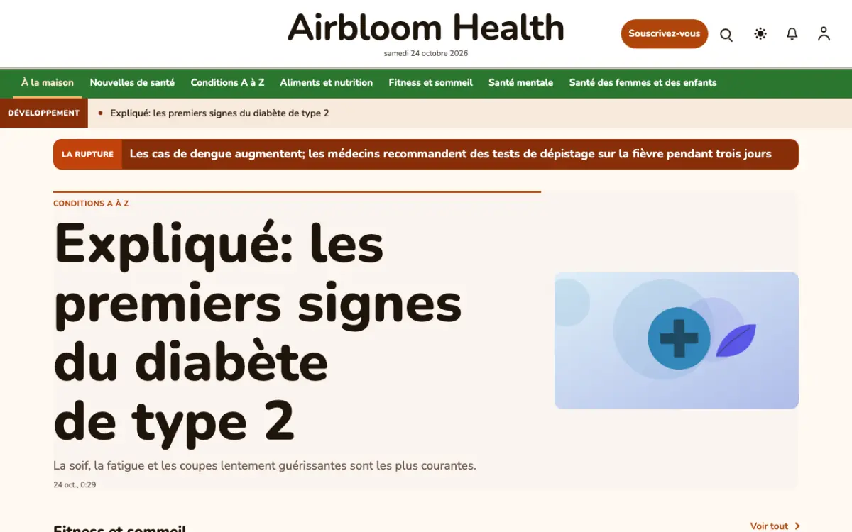 Airbloom — modèle de site web Actualités Santé, vue sur ordinateur