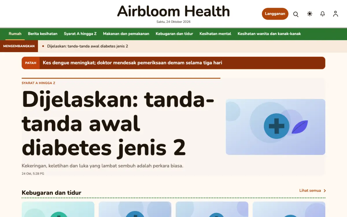 Airbloom — templat laman web Berita Kesihatan, paparan desktop
