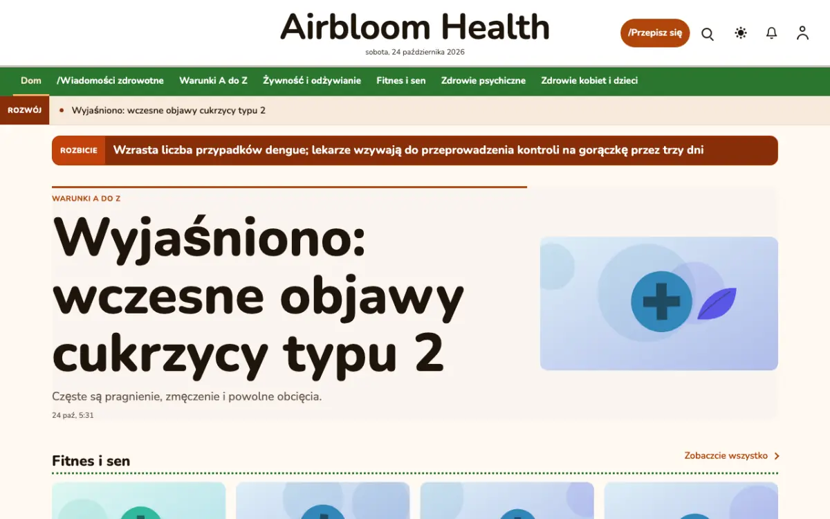 Airbloom – szablon strony (Zdrowie: wiadomości), widok na komputerze