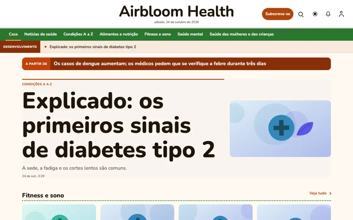Airbloom — modelo de site de Notícias de Saúde, visualização em desktop