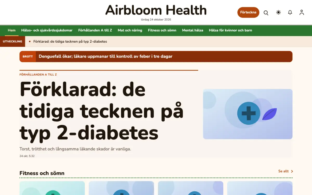 Airbloom – webbplatsmall för Hälsa News, skrivbordsvy