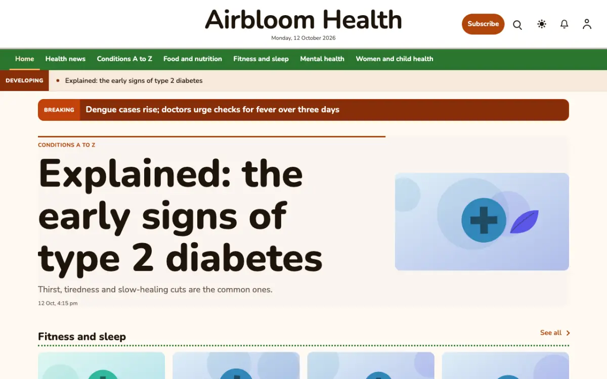 Airbloom — Health News website template, desktop view