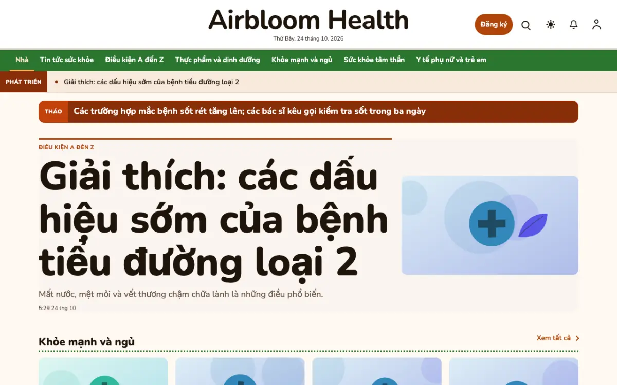 Airbloom — mẫu website Tin Sức khỏe, giao diện máy tính