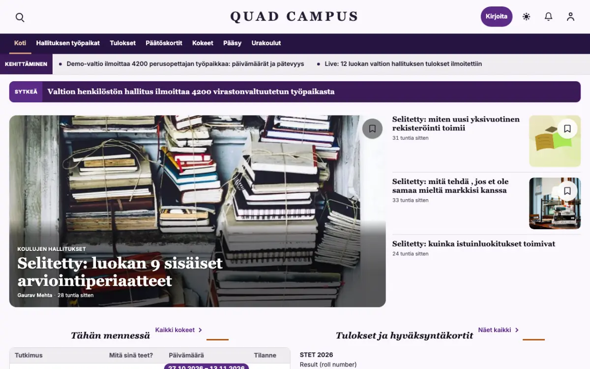 Quad – verkkosivumalli (Koulutus News), työpöytänäkymä