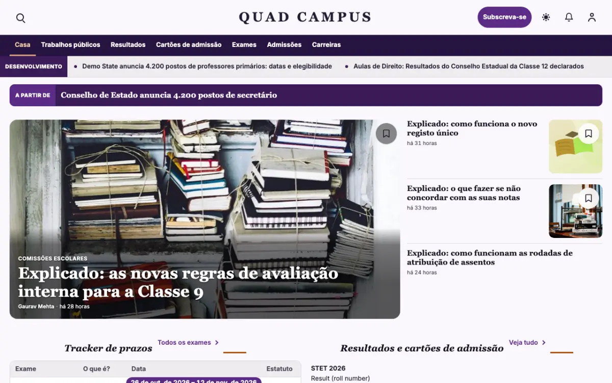 Quad — modelo de site de Notícias de Educação, visualização em desktop