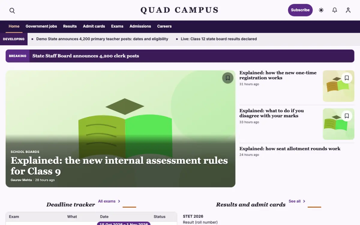 Quad — Education News website template, desktop view